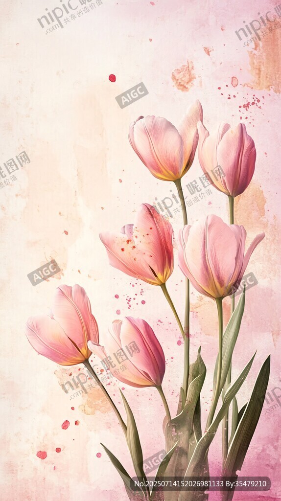 粉色郁金香水彩梦幻插画