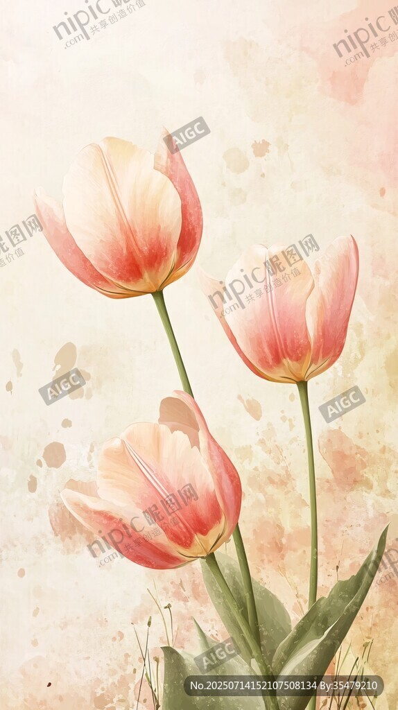 水彩风粉色郁金香花卉图