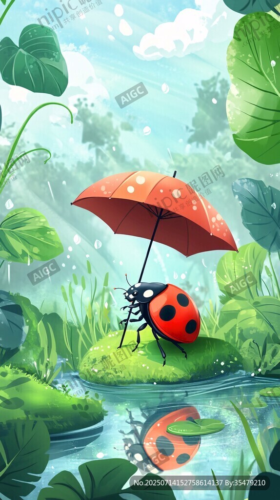 雨中瓢虫撑伞的奇幻场景