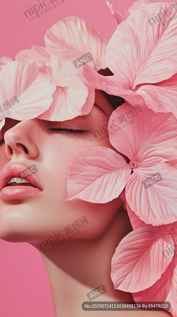 粉花覆面的柔美女性形象