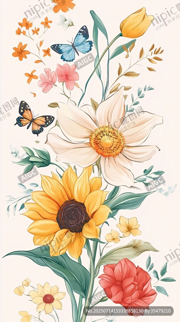 缤纷花卉与灵动蝴蝶插画