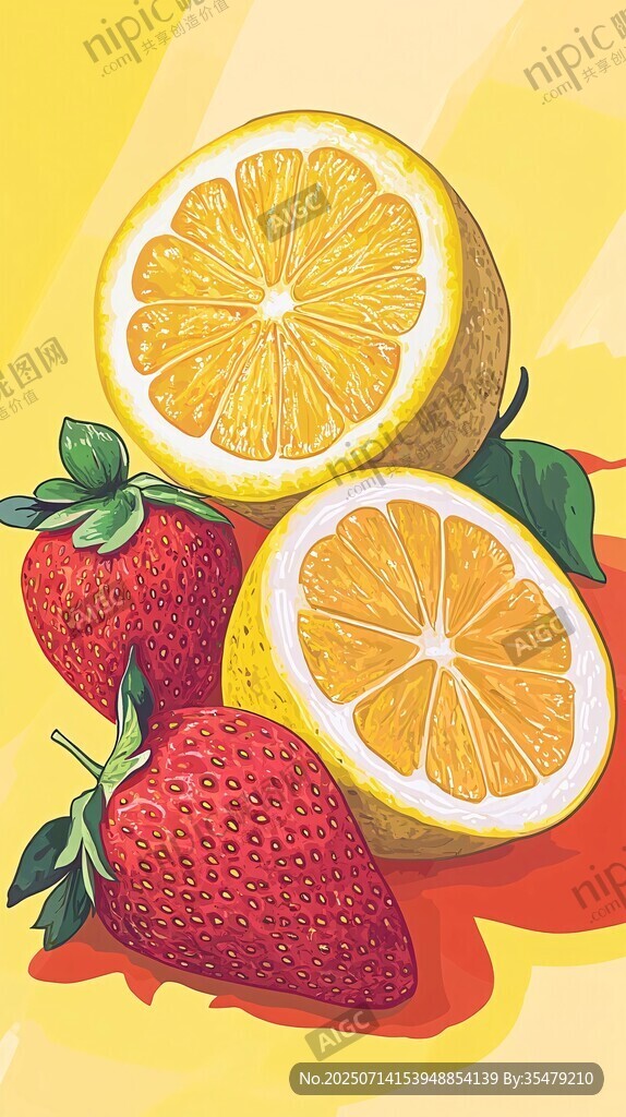 柠檬草莓插画 清新水果风