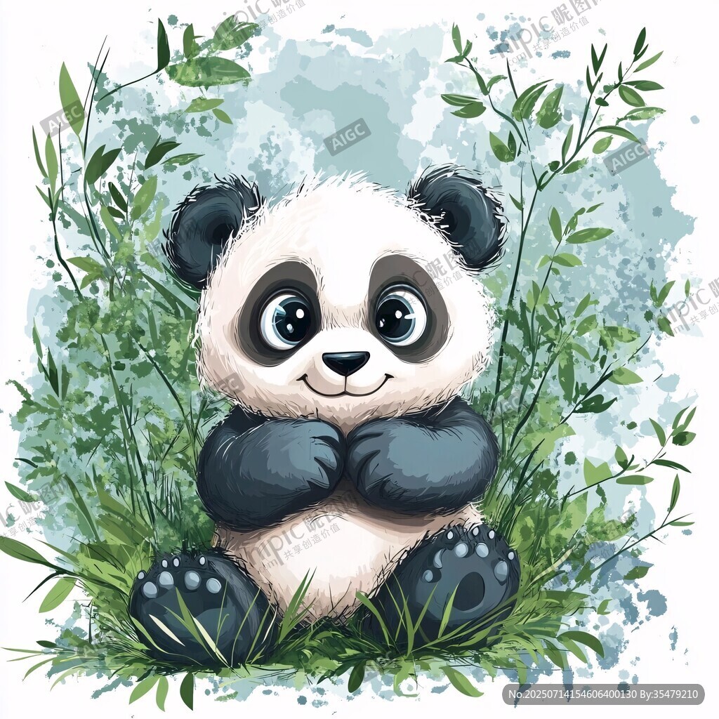 可爱熊猫坐于绿植间