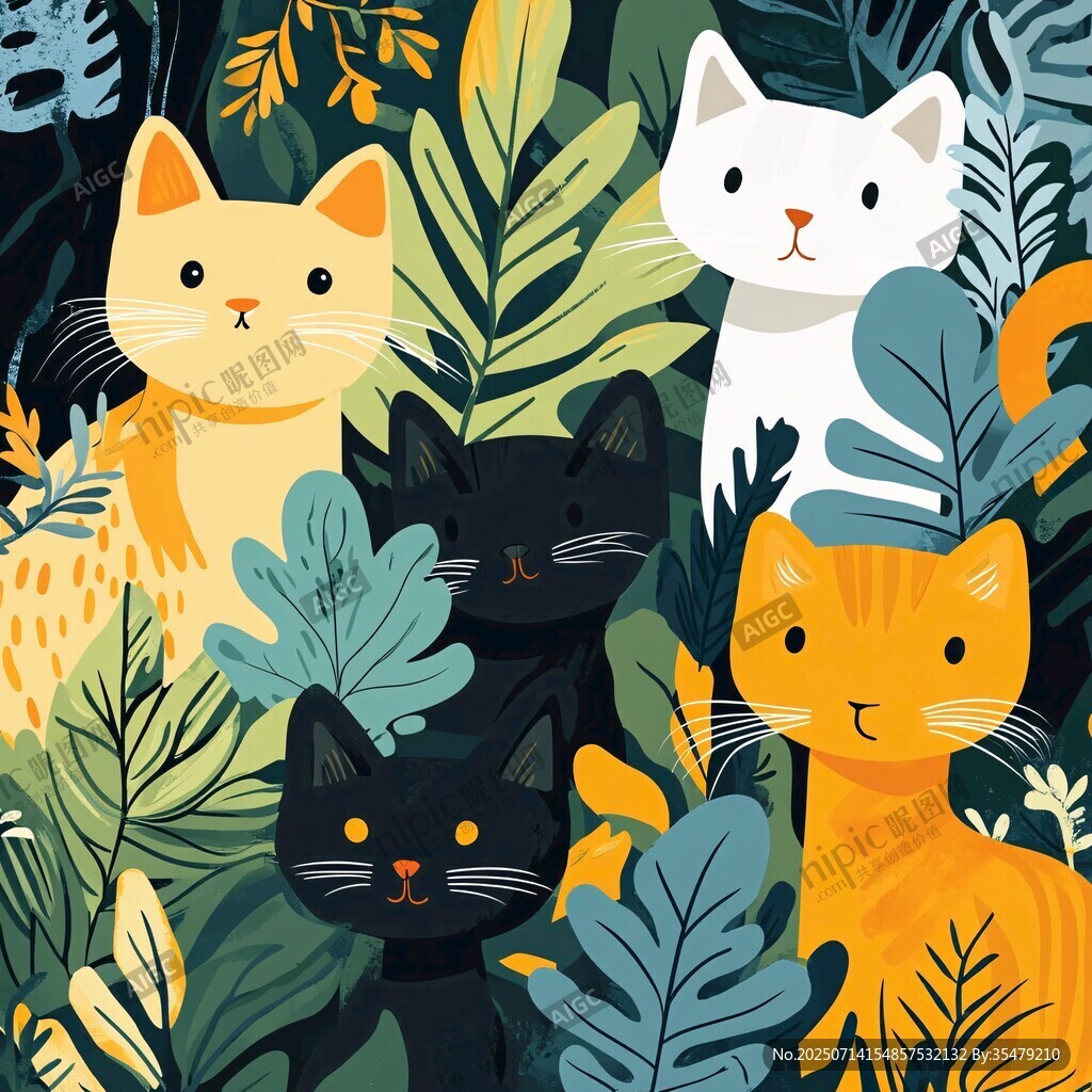 猫咪在绿植间的可爱画面