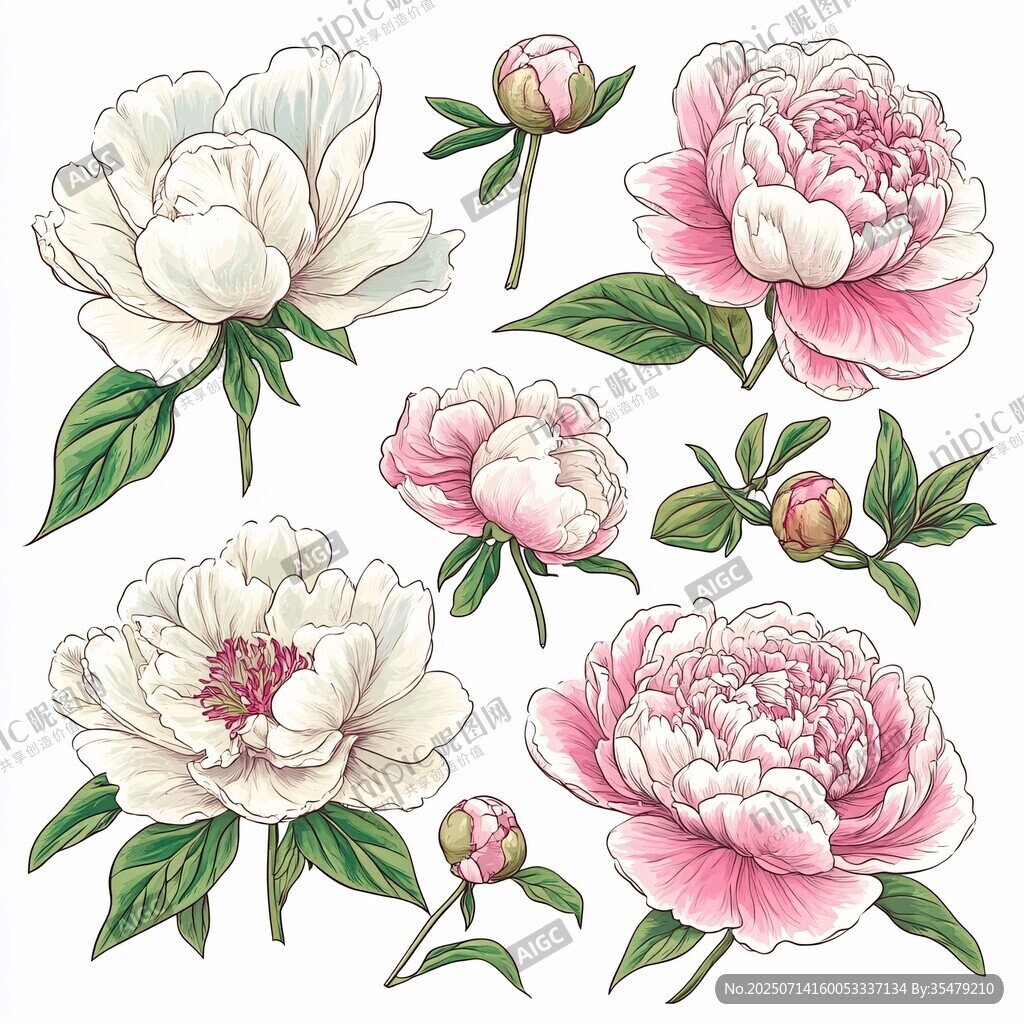 手绘牡丹花卉插画素材