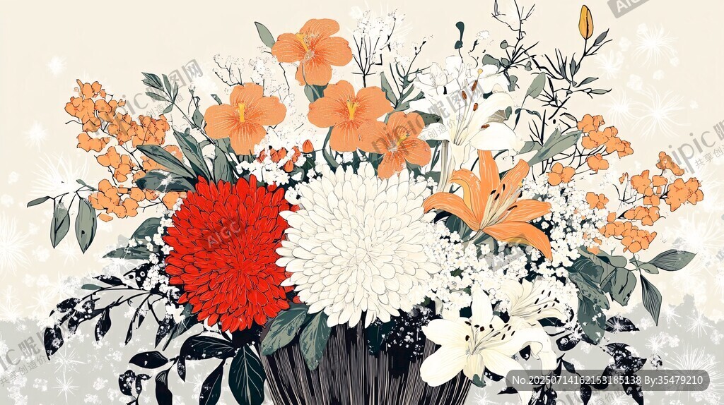 多彩花卉插画 花瓶中的花束