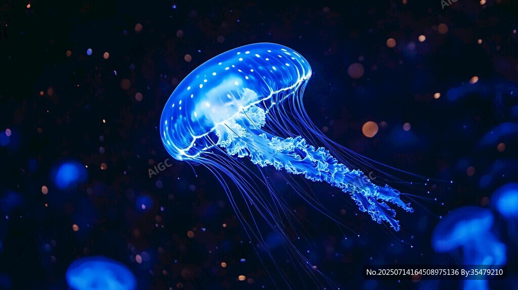 梦幻蓝水母在深海中游弋