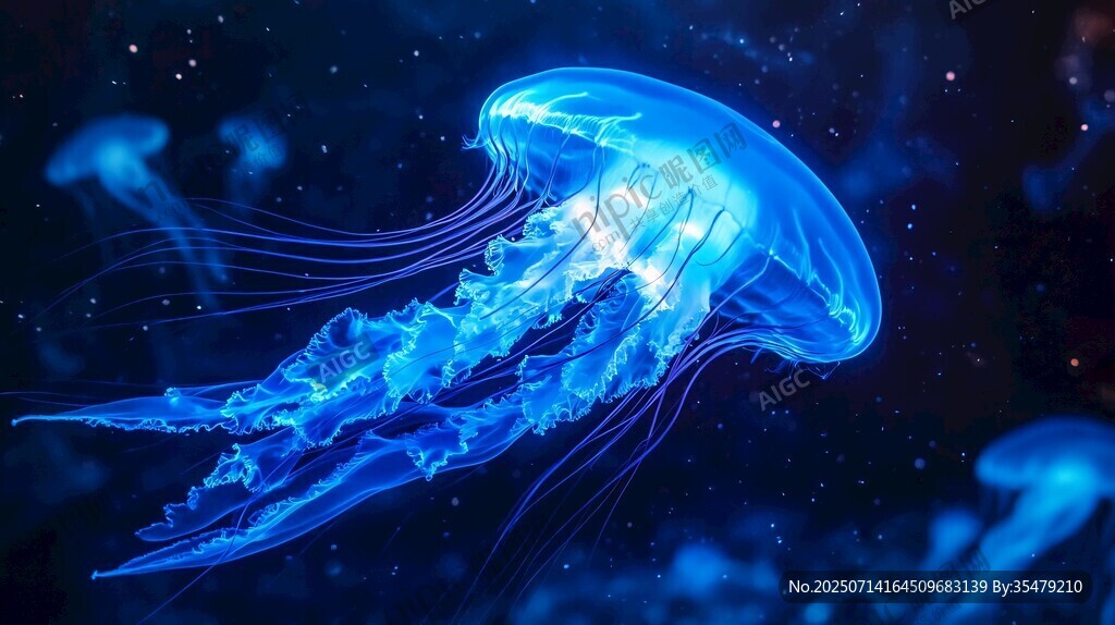 梦幻蓝水母在深海中游弋