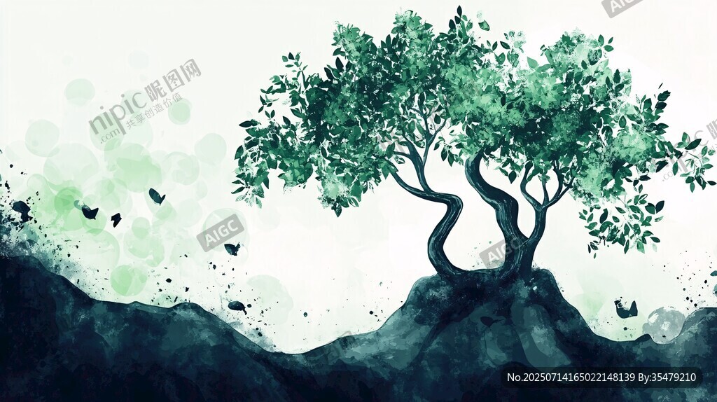 水墨风孤树飞鸟自然图景
