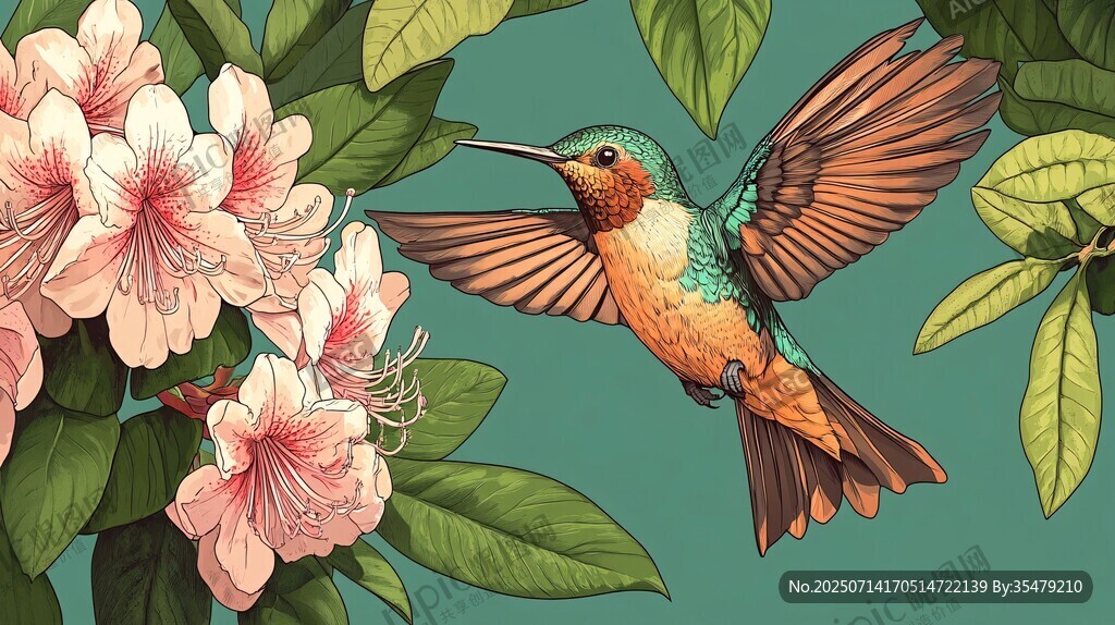蜂鸟花间飞舞图