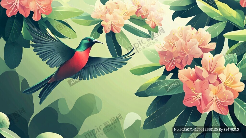 蜂鸟穿梭于烂漫花丛间