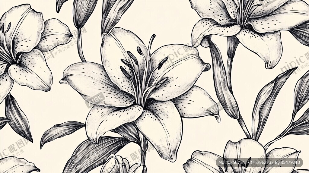 黑白百合花图案精美插画