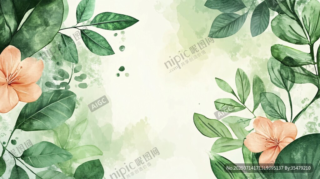 清新花卉绿叶水彩背景图