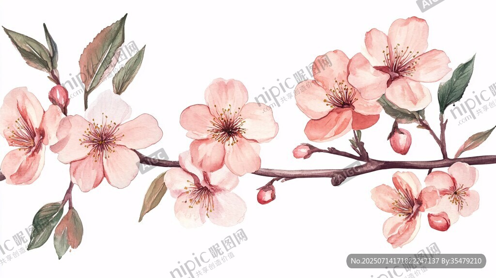粉色桃花枝水彩插画