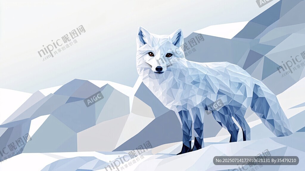 雪地中的低多边形白狐