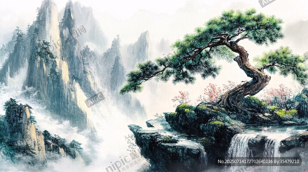 黄山迎客松山水美景图