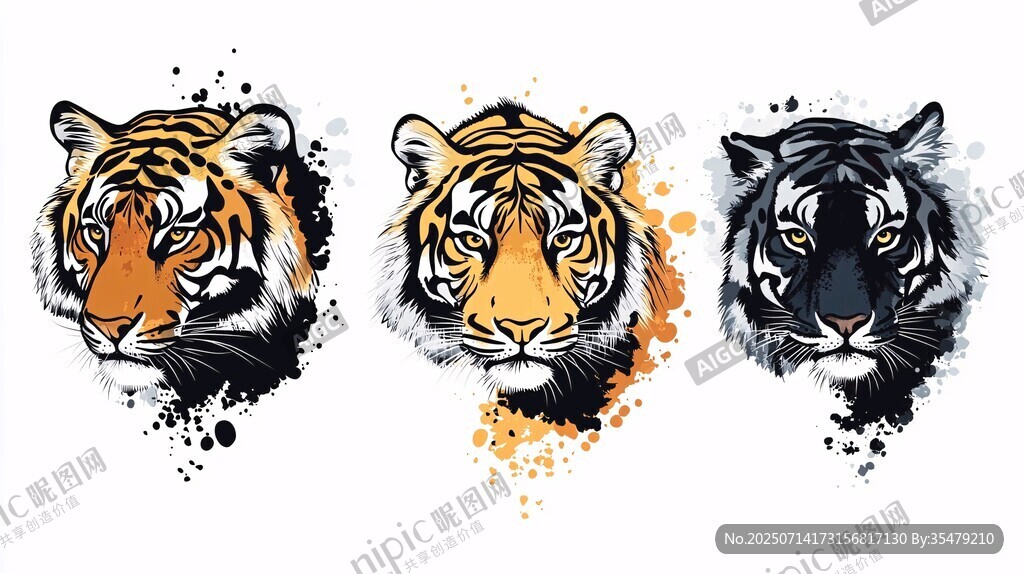 三色老虎头像艺术插画