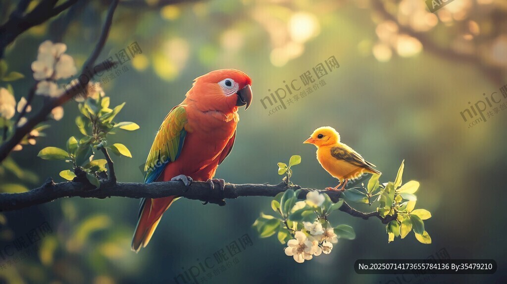 枝头双鸟 鹦鹉与小黄鸟