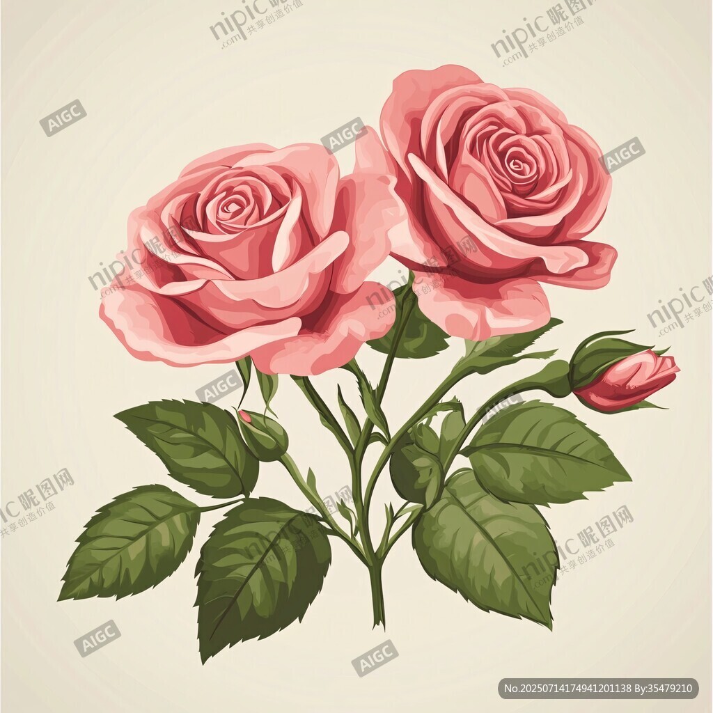 两朵柔美粉色玫瑰花插画
