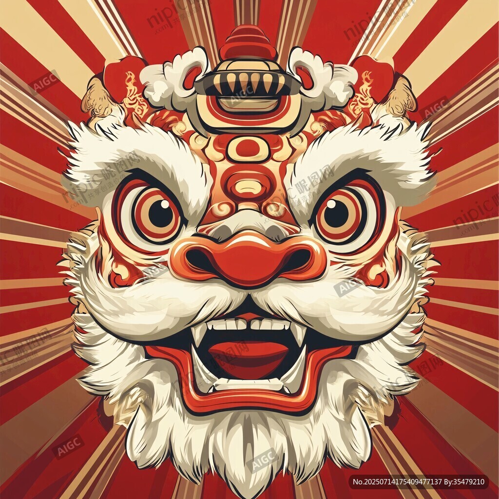 舞狮头插画 中式喜庆风格