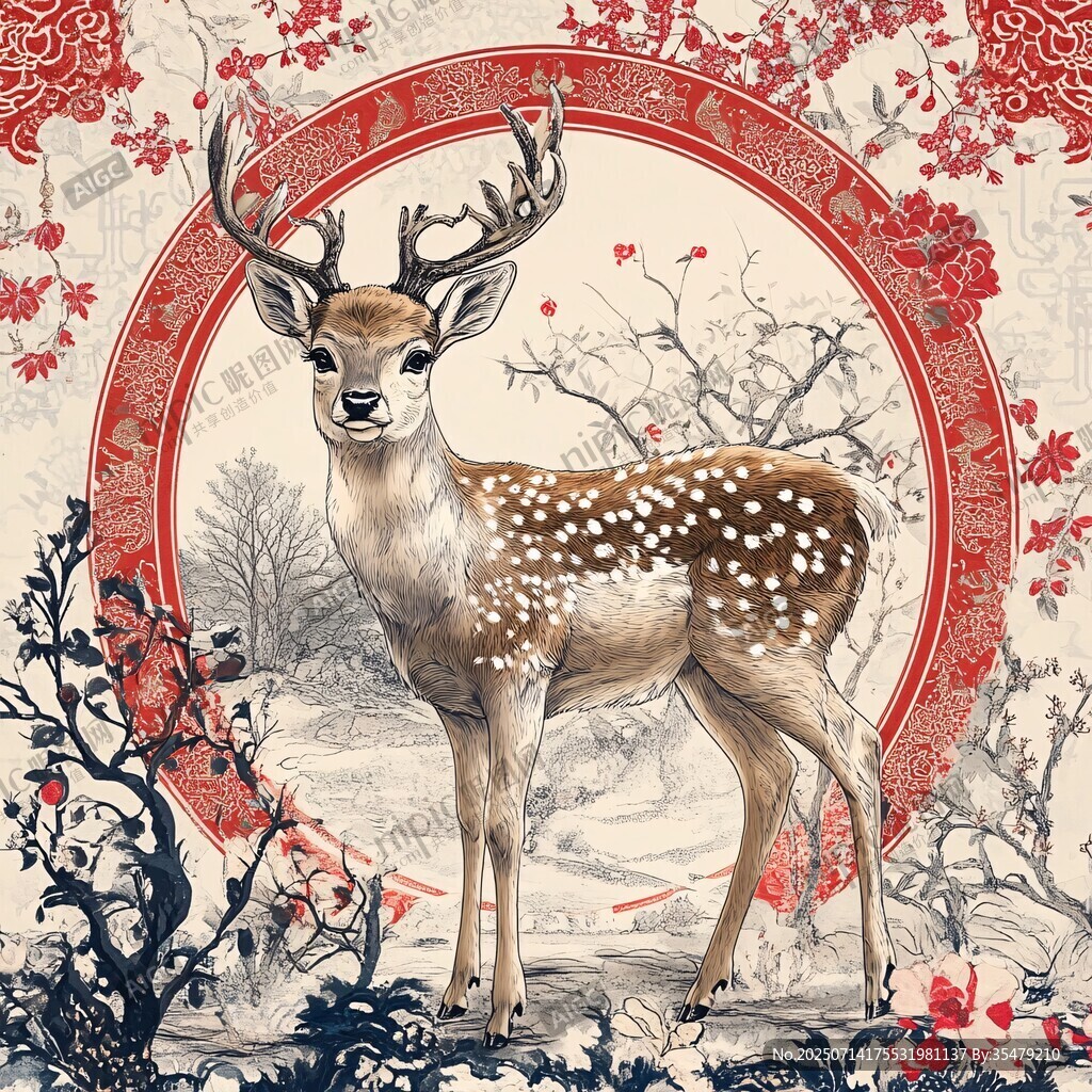 中式风小鹿插画古韵雅致