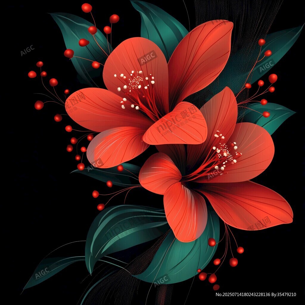 艳丽红花配绿叶插画