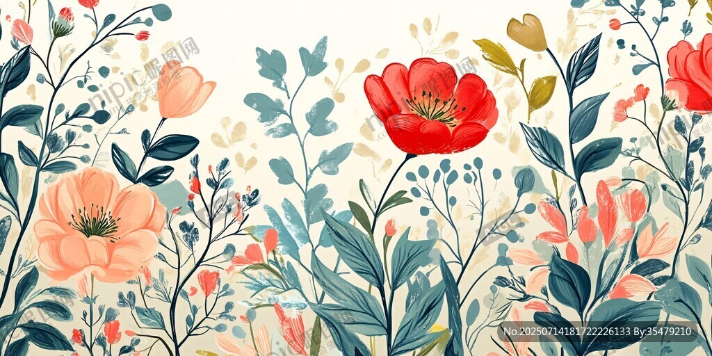 花卉插画 多彩花朵与枝叶