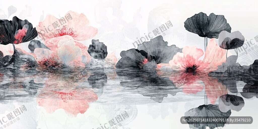 水墨荷花倒影意境图