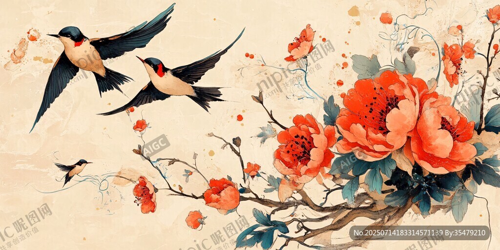 双燕伴花图