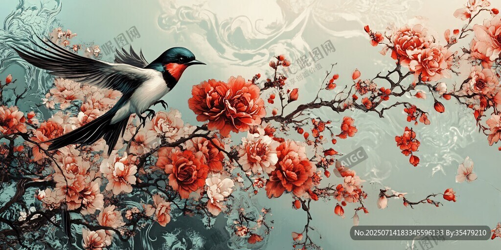 燕子栖繁花枝头美如画
