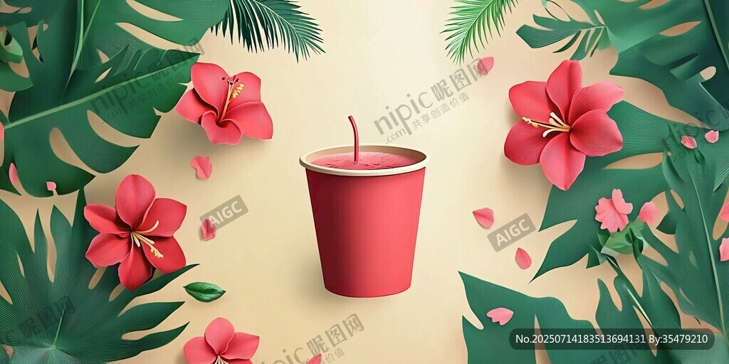 夏日花卉环绕的红色纸杯