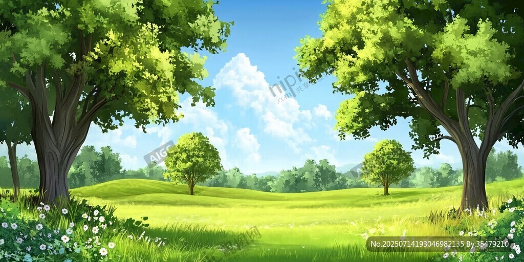 夏日绿野风景插画