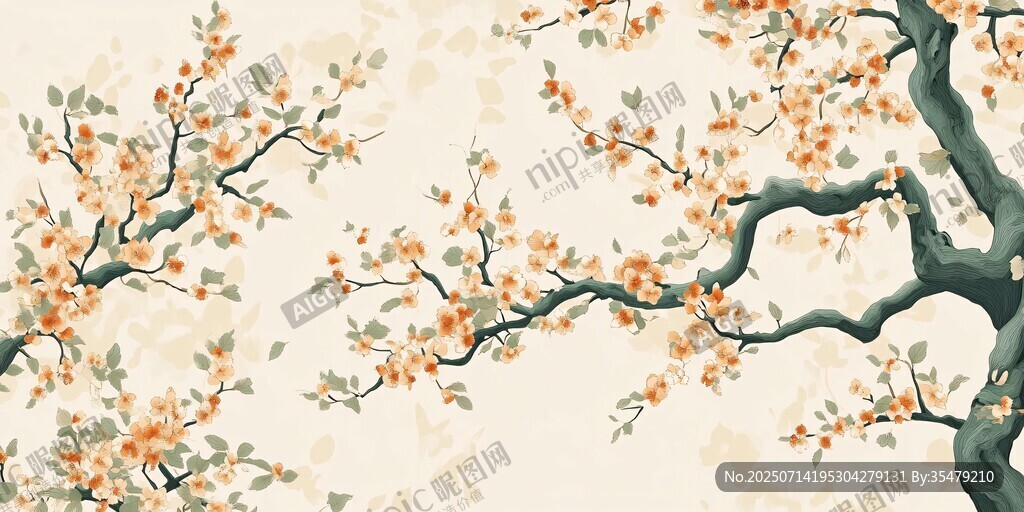 中式繁花树枝插画背景图