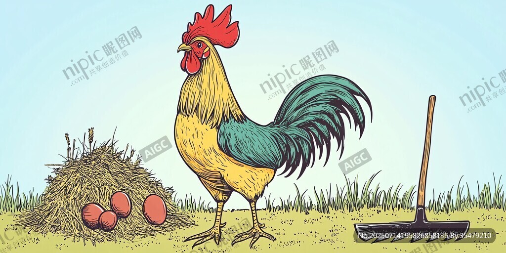 公鸡立于草堆鸡蛋旁