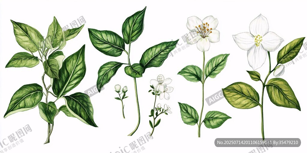 手绘清新茉莉花及枝叶