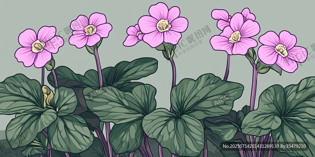 粉色花朵与绿叶植物插画