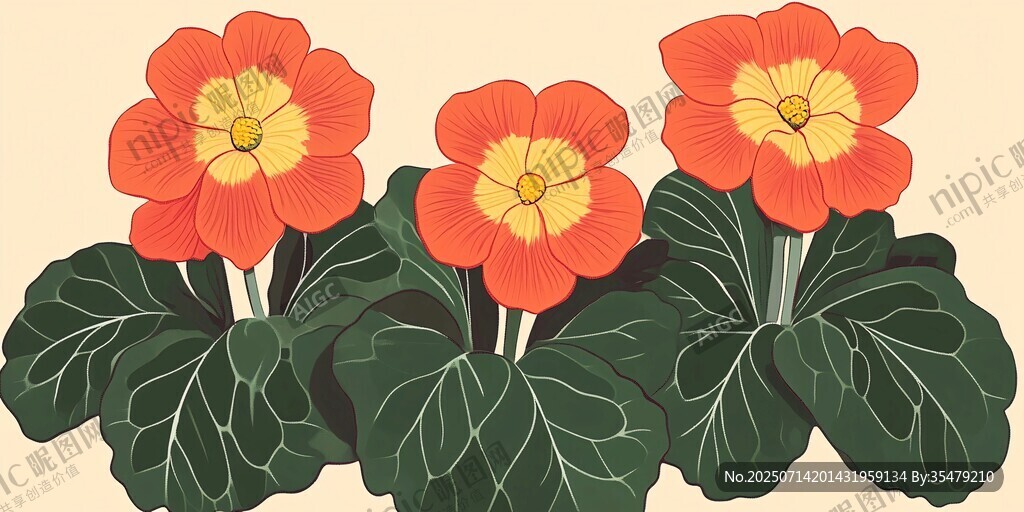 三朵橙红报春花插画