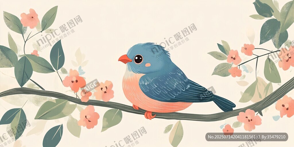 枝头蓝鸟栖于繁花绿叶间