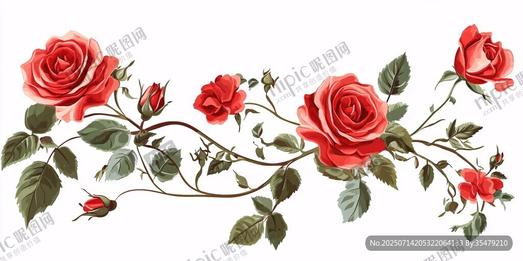 手绘红玫瑰花卉装饰图案
