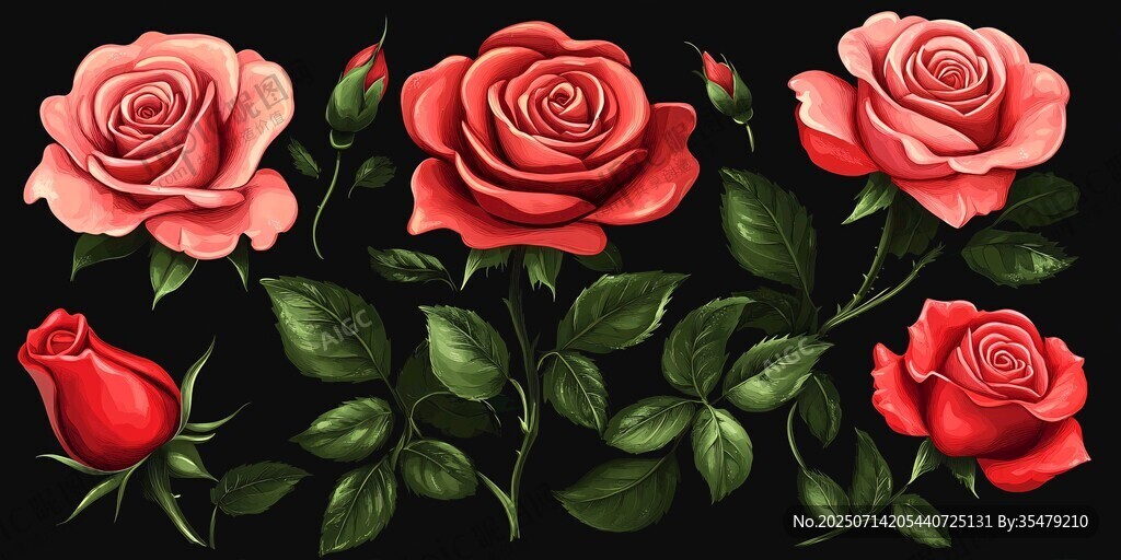复古红玫瑰花卉插画