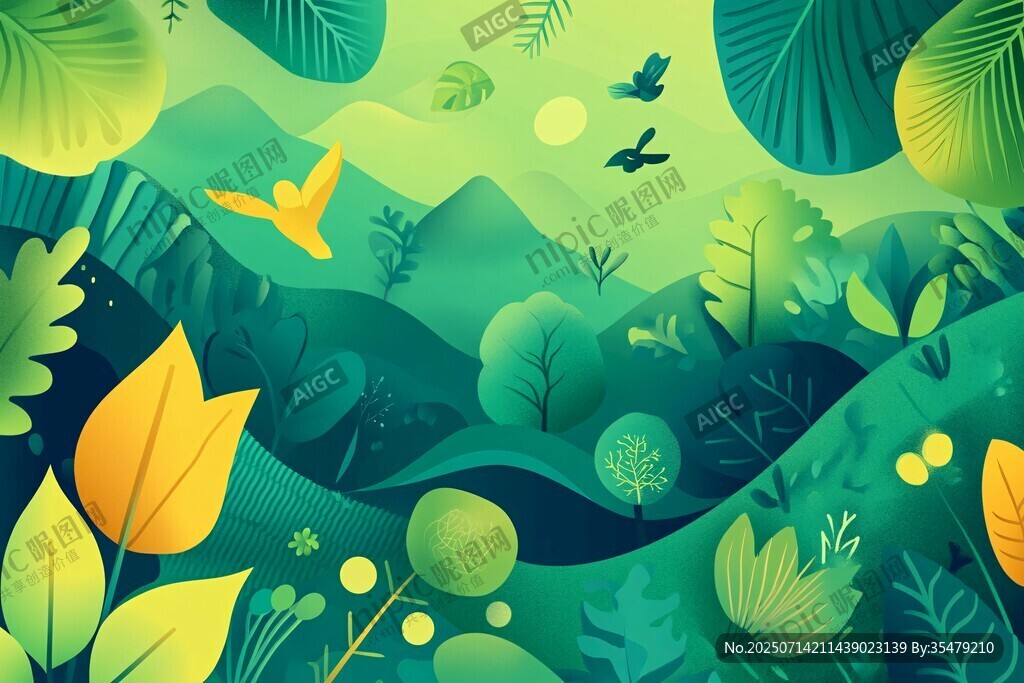 绿色梦幻山林插画