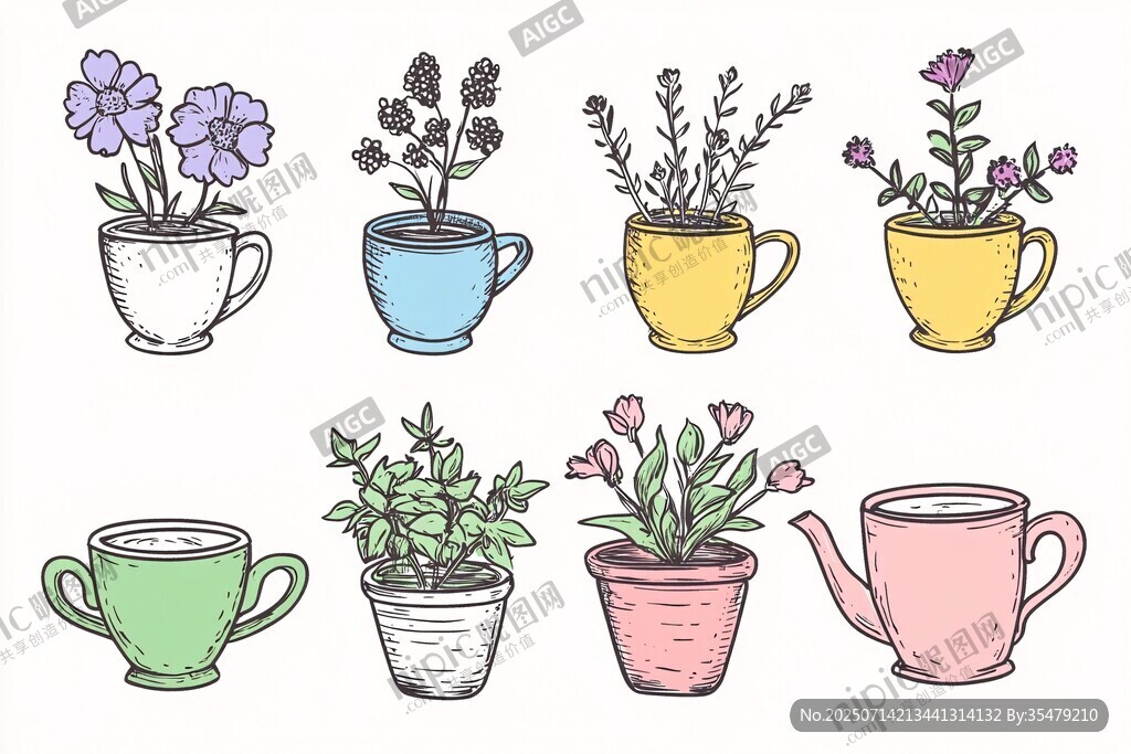 杯栽花卉插画