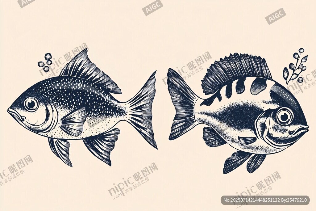 复古风双鱼插画图案