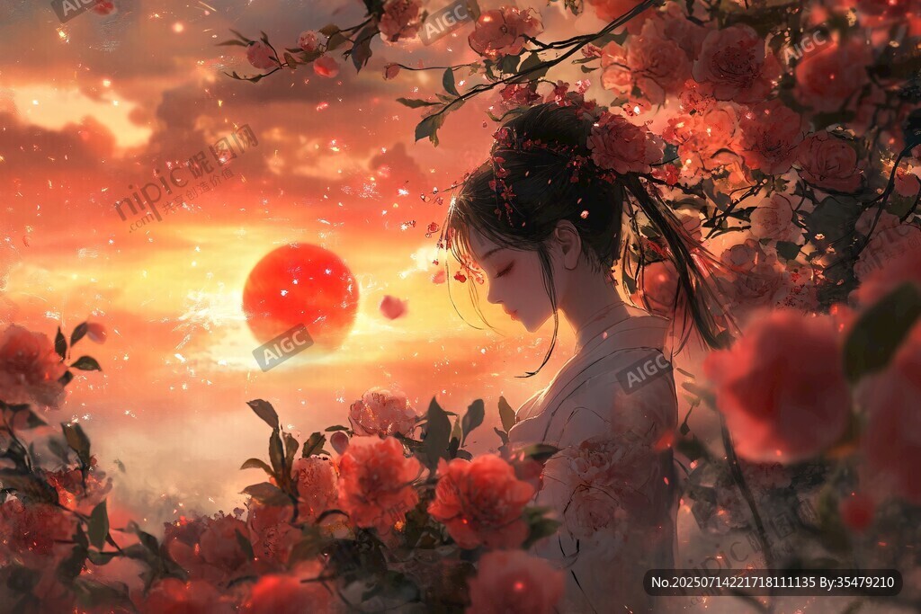 夕阳下的古风花中女子