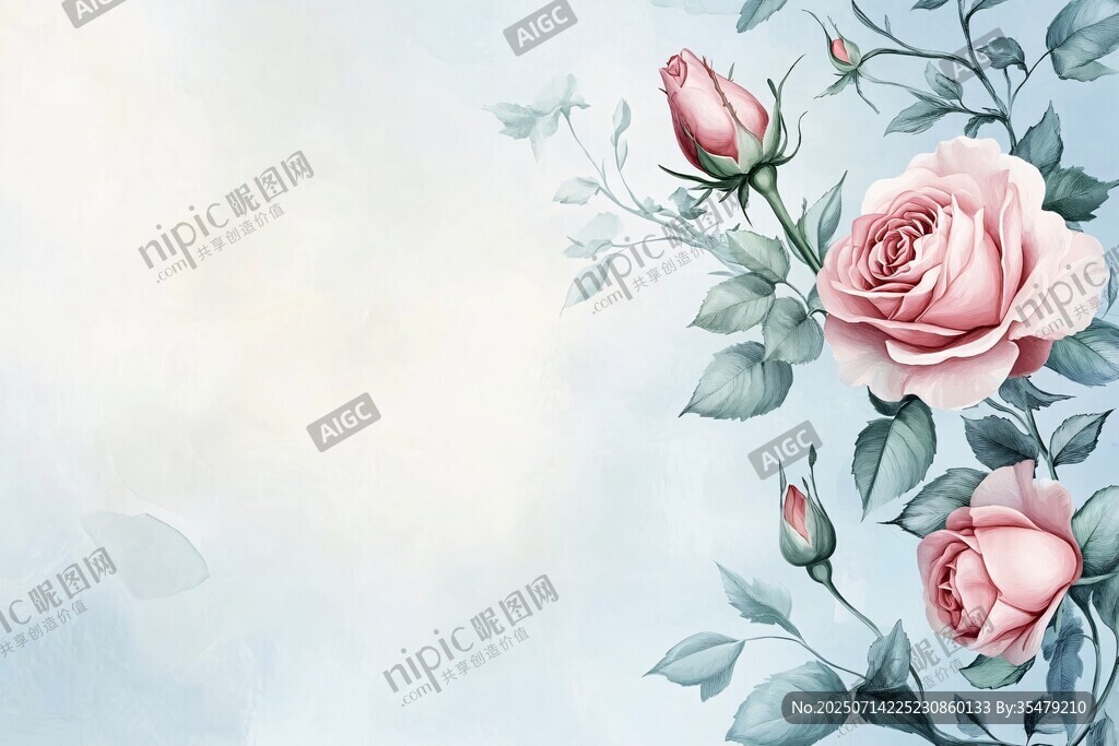 淡蓝背景上的优雅粉玫瑰
