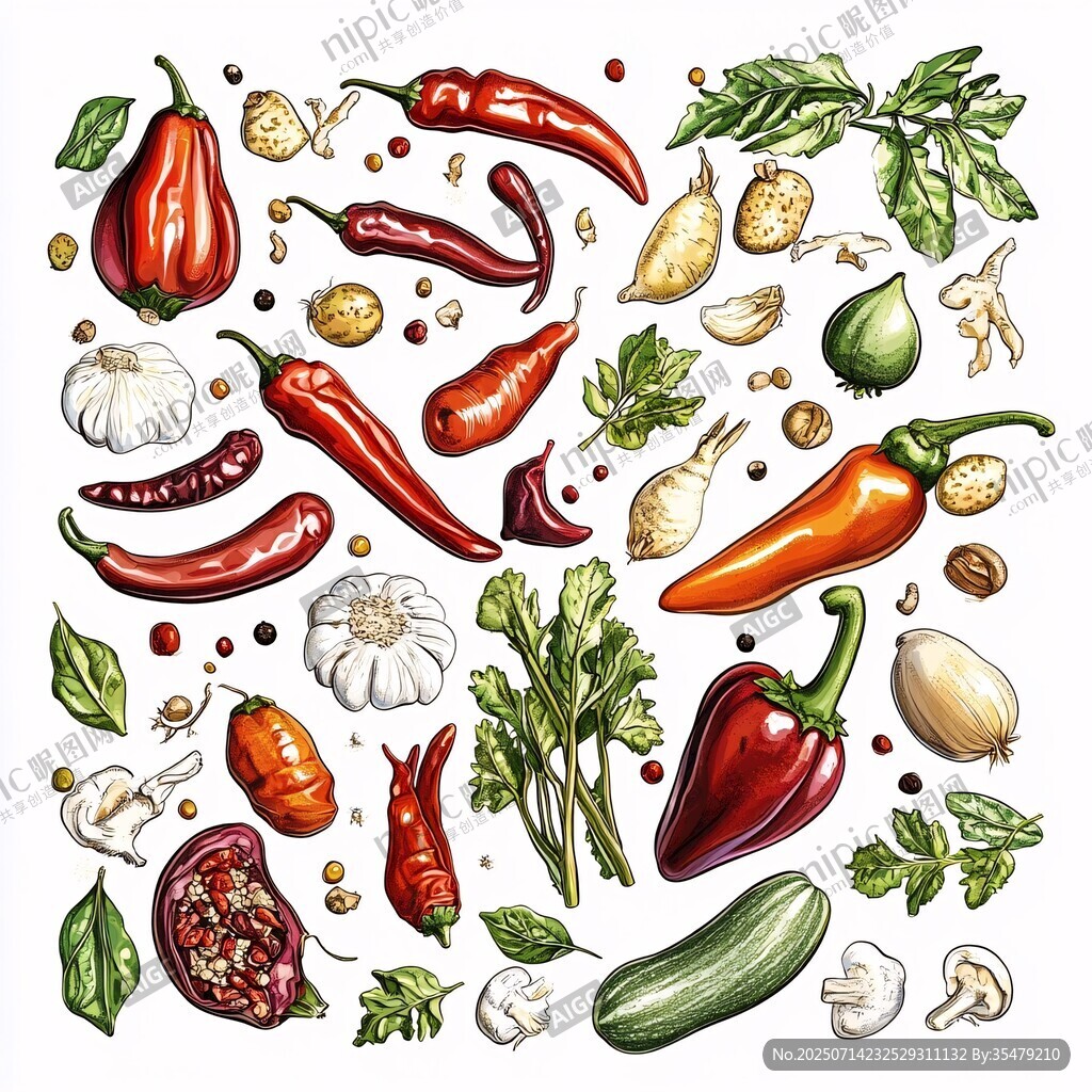 多彩蔬菜香料手绘插画