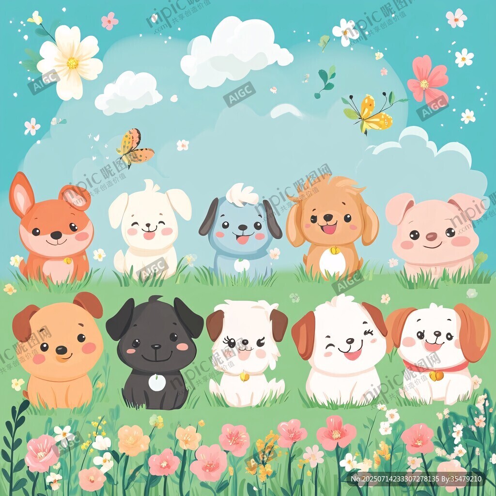 萌犬齐聚花丛欢乐时光