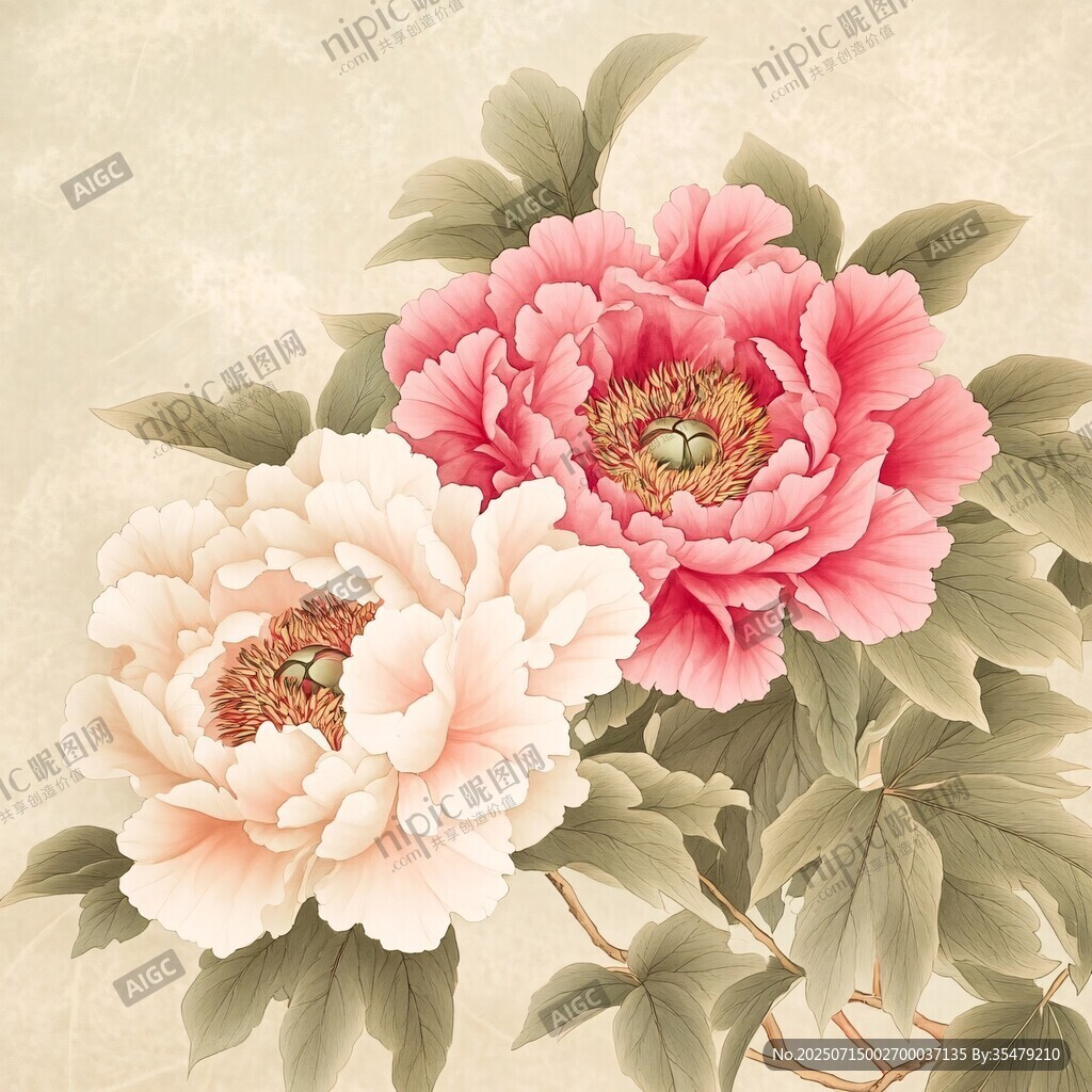 两朵娇艳牡丹花绽放