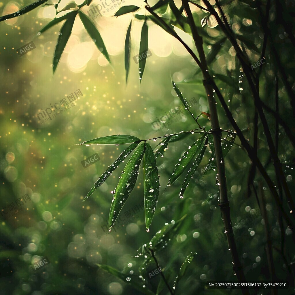 雨润竹叶间的清新景致