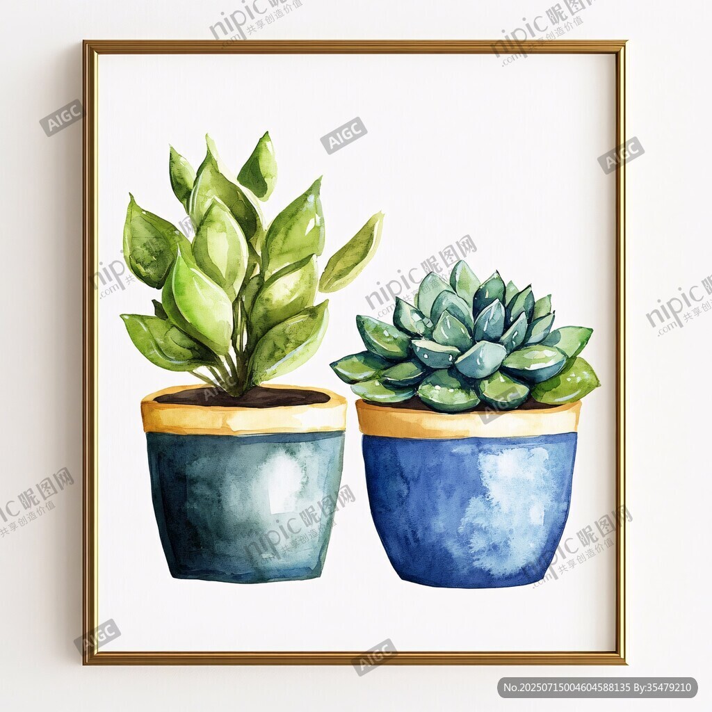 两幅盆栽水彩画装饰画